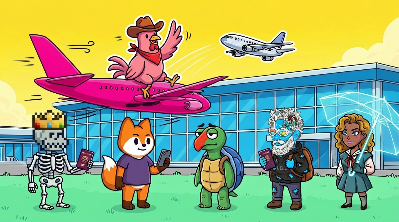 Cartoon airport scene with travellers